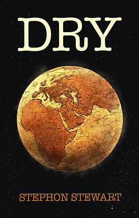 Book cover of "The Dry" by Stephen Stewart, depicting an arid landscape with sparse trees and a clear sky.